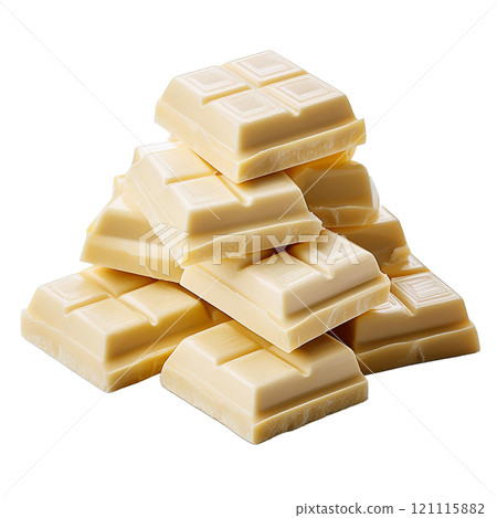 Pile of white chocolate bars stacked together, isolated on transparent background, perfect for dessert photography, sweet treats, and food styling 121115882