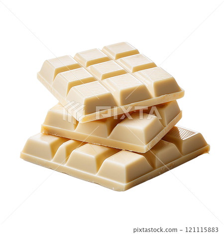 Stack of white chocolate bars isolated on transparent background, ideal for dessert photography, sweet treats, and culinary styling 121115883