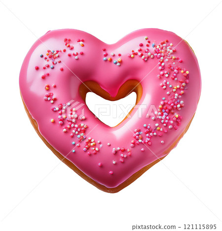 Valentines Day heart shaped pink donut with colorful sprinkles, isolated on transparent background, perfect for celebration, dessert photography, and holiday themed treats Valentines Day heart shaped pink donut with colorful sprinkles, isolated on transparent background, perfect for celebration, dessert photography, and holiday themed treats 121115895