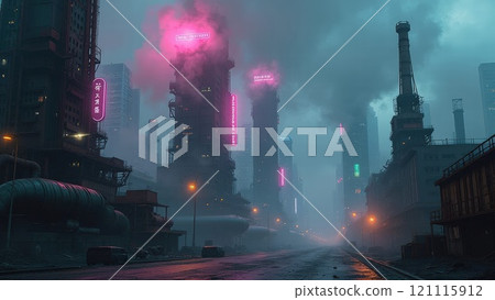 Urban landscape in neon fog. Generative AI 121115912