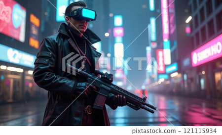 Cyberpunk soldier in neon cityscape. Generative AI 121115934