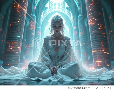 Enchanted woman in a luminous hall. Generative AI 121115935