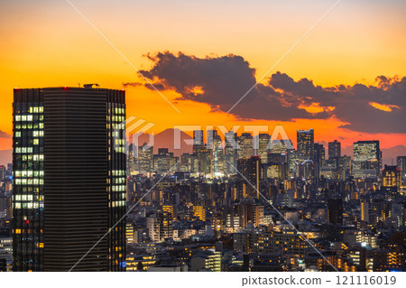 Skyscrapers in Shinjuku, Tokyo, with Mount Fuji in the background, evening view Skyscrapers in Shinjuku, Tokyo, with Mount Fuji in the background, evening view 121116019