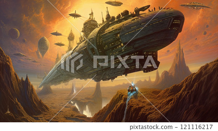 Space ships battle over alien planet in 80s books style. Retro science fiction illustration. Generated AI. 121116217