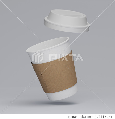 One white lid coffee cup floating in the air with sleeve 3D mock up image One white lid coffee cup floating in the air with sleeve 3D mock up image 121116273