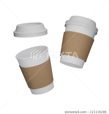 two white lid coffee cup floating in the air with sleeve 3D mock up image 121116286