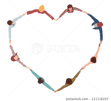 Chain of a group of isolated multicultural people seen from above holding hands and forming a heart shape. Cooperation teamwork.Community of friends or volunteers.Inclusion.Top View Chain of a group of isolated multicultural people seen from above holding hands and forming a heart shape. Cooperation teamwork.Community of friends or volunteers.Inclusion.Top View 121116287