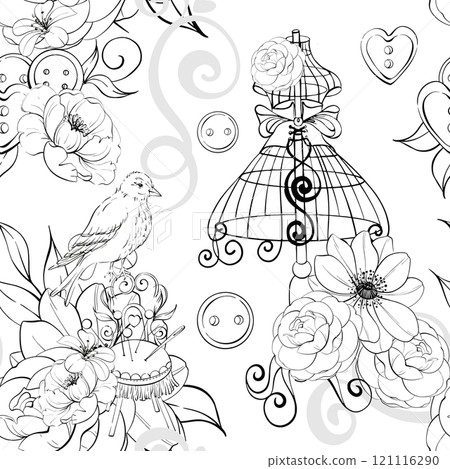 Vintage mannequin with victorian bird and curl. Floral arrangement and sewing tools - buttons, needles, scissors. Old fashion, dressmaker seamless pattern. Romantic and elegance sewing background and 121116290