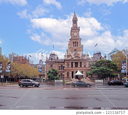 Front view of Sydney Town Hall, a historic landmark with Victorian architecture and a prominent clock tower Front view of Sydney Town Hall, a historic landmark with Victorian architecture and a prominent clock tower 121116717