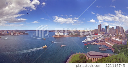 Panoramic view of Sydney Opera House with vibrant waters and iconic cityscape Panoramic view of Sydney Opera House with vibrant waters and iconic cityscape 121116745