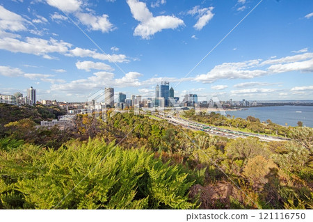 Scenic view of Perth city skyline from Kings Park, showcasing lush greenery and vibrant architecture 121116750