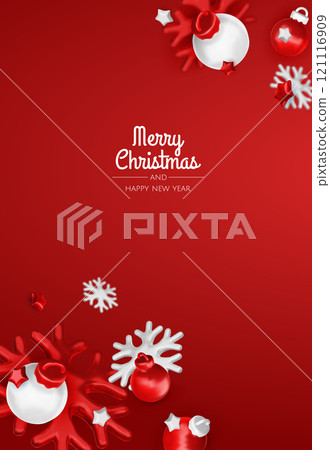 Christmas gifts box realistic 3d design. Xmas composition falling open pink gift boxes with festive decorative objects, balls bauble. Happy new year holiday background. Vector illustration 121116909