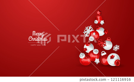 Christmas gifts box realistic 3d design. Xmas composition falling open pink gift boxes with festive decorative objects, balls bauble. Happy new year holiday background. Vector illustration 121116916