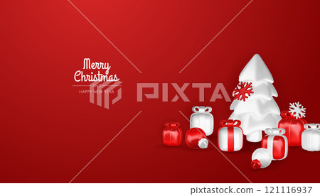 Happy New Year and Merry Christmas. Christmas holiday background with realistic 3d objects, bauble balls, conical metal stars. Levitation falling design composition. 121116937