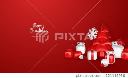 Christmas gifts box realistic 3d design. Xmas composition falling open pink gift boxes with festive decorative objects, balls bauble. Happy new year holiday background. Vector illustration 121116938