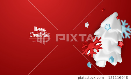 Christmas winter festive composition. Colorful Xmas background realistic 3d decorative design objects, christmas tree, gift boxes, xmas ball, gold confetti. Happy New Year. Vector illustration 121116948