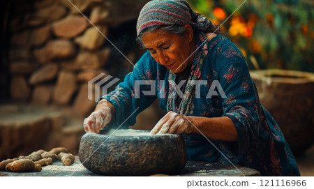 An elderly woman immersed in traditional stone grinding. She showcases artistry and culture in her hands. This scene reflects timeless craftsmanship. Generative AI 121116966