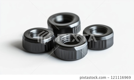 Close-up of four modern black nuts in various orientations. These components are essential in mechanical assembly. Ideal for engineering and product design. Generative AI 121116969