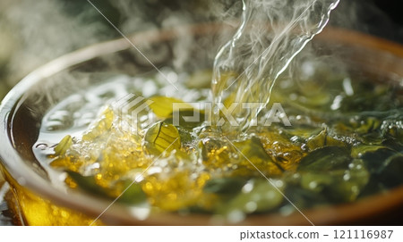 Steaming hot tea brews in a rustic bowl. Fresh leaves intertwine effortlessly in the warm water. Experience the essence of relaxation and flavor. Generative AI Steaming hot tea brews in a rustic bowl. Fresh leaves intertwine effortlessly in the warm water. Experience the essence of relaxation and flavor. Generative AI 121116987