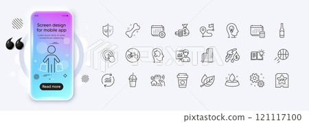 Bicycle prohibited, Coins bag and Takeaway coffee line icons for web app. Phone mockup gradient screen. Pack of Presentation, Water bowl, Click hand pictogram icons. Vector 121117100