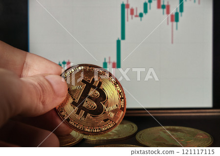 Hand holding golden bitcoin cryptocurrency Hand holding golden bitcoin cryptocurrency 121117115