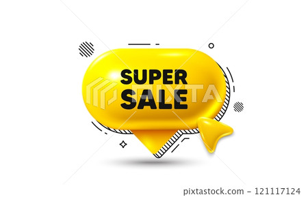 Click here speech bubble 3d icon. Super Sale tag. Special offer price sign. Advertising Discounts symbol. Super sale chat offer. Speech bubble banner. Text box balloon. Vector 121117124