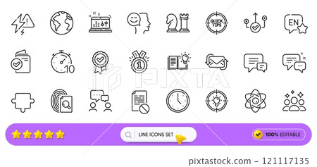 Idea, Inspect and Employees messenger line icons for web app. Pack of Correct way, Sound check, Wrong file pictogram icons. Lightning bolt, Refresh mail, Approved signs. Puzzle. Search bar. Vector 121117135