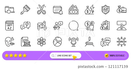 Interview job, Voice wave and Brush line icons for web app. Pack of Dao, Report, Notification pictogram icons. Money currency, Paint roller, Bank document signs. Scissors, Podium, Vocabulary. Vector 121117139