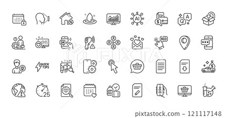 Shopping cart, Web shop and Video conference line icons pack. AI, Question and Answer, Map pin icons. Love mail, Face id, Person idea web icon. Vector 121117148