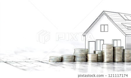 Silver coins stacking up with architectural house drawing behind 121117174