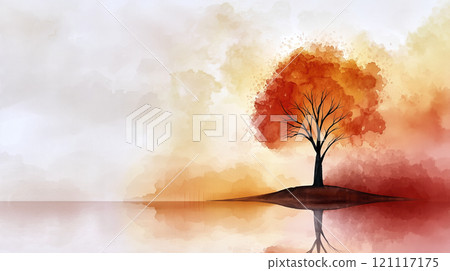 Lonely red tree reflecting on tranquil lake at sunset watercolor illustration 121117175