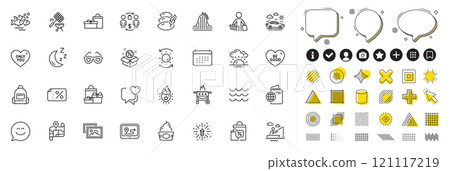 Set of Car travel, Smile chat and Gps line icons for web app. Design elements, Social media icons. Waves, Heart, Fish school icons. Love glasses, Gas grill, Sale bags signs. Vector Set of Car travel, Smile chat and Gps line icons for web app. Design elements, Social media icons. Waves, Heart, Fish school icons. Love glasses, Gas grill, Sale bags signs. Vector 121117219