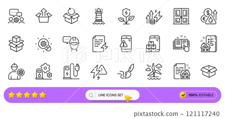 Engineer, Lease contract and Opened box line icons for web app. Pack of Brush, Fuel price, Charging station pictogram icons. Eco power, Mobile inventory, Lighthouse signs. Search bar. Vector Engineer, Lease contract and Opened box line icons for web app. Pack of Brush, Fuel price, Charging station pictogram icons. Eco power, Mobile inventory, Lighthouse signs. Search bar. Vector 121117240
