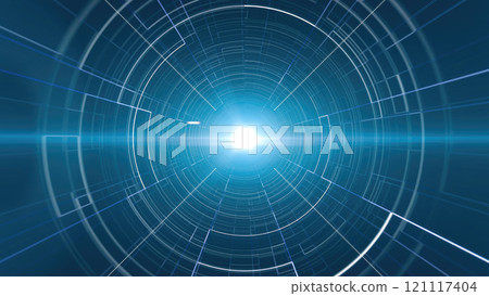 Blue digital tunnel with concentric lines and central light source, creating a sense of depth, movement, and futuristic design in a tech-inspired setting background 121117404