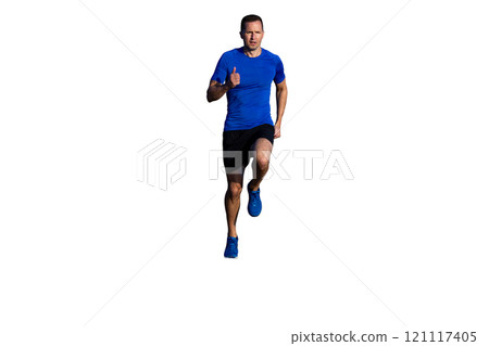 front view male runner running isolated on white background 121117405