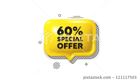 3d speech bubble icon. 60 percent discount offer tag. Sale price promo sign. Special offer symbol. Discount chat talk message. Speech bubble banner. Yellow text balloon. Vector 121117503