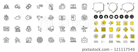 Set of Reject web, Hair dryer and Fireworks rocket line icons for web app. Design elements, Social media icons. Saving electricity, Delivery service, Parking icons. Vector 121117549