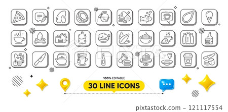 Mint bag, Coffee and Seafood line icons pack. 3d design elements. Coconut, Croissant, Chat bubble web icon. Water splash, Burger, Coffee cup pictogram. Whiskey glass, Pasta, Knife. Vector 121117554