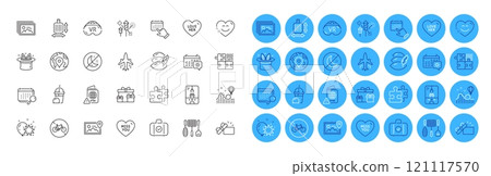 Travel calendar, Image gallery and Surprise boxes line icons pack. Pin, Hat-trick, Fireworks rocket web icon. Puzzle, Miss you, Photo location pictogram. Love her, Bicycle prohibited. Vector Travel calendar, Image gallery and Surprise boxes line icons pack. Pin, Hat-trick, Fireworks rocket web icon. Puzzle, Miss you, Photo location pictogram. Love her, Bicycle prohibited. Vector 121117570