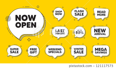 Offer speech bubble icons. Now open tag. Promotion new business sign. Welcome advertising symbol. Now open chat offer. Speech bubble discount banner. Text box balloon. Vector Offer speech bubble icons. Now open tag. Promotion new business sign. Welcome advertising symbol. Now open chat offer. Speech bubble discount banner. Text box balloon. Vector 121117573