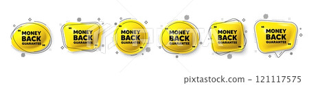 Money back guarantee tag. Speech bubble 3d icons set. Promo offer sign. Advertising promotion symbol. Money back guarantee chat talk message. Speech bubble banners with comma. Text balloons. Vector 121117575