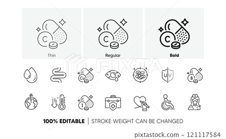 Disability, Copper mineral and Low thermometer line icons. Pack of Thiamine vitamin, Iodine mineral, Stress icon. Intestine, Conjunctivitis eye, Social care pictogram. Medical insurance. Vector 121117584