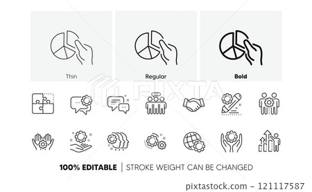 Business strategy, handshake and people collaboration. Employees benefits line icons. Teamwork, social responsibility, people relationship icons. Linear set. Line icons set. Vector Business strategy, handshake and people collaboration. Employees benefits line icons. Teamwork, social responsibility, people relationship icons. Linear set. Line icons set. Vector 121117587