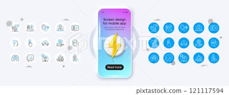 Swipe up, Safe planet and Air conditioning line icons. Phone mockup with 3d energy icon. Pack of Lungs, Identification card, Business targeting icon. Blood, Telemedicine, Idea pictogram. Vector 121117594