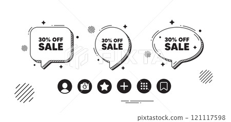 Sale 30 percent off discount. Speech bubble offer icons. Promotion price offer sign. Retail badge symbol. Sale chat text box. Social media icons. Speech bubble text balloon. Vector 121117598