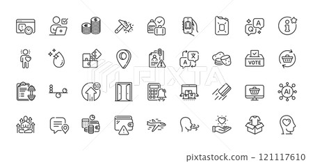 Clothing, Chat bubble and 5g upload line icons pack. AI, Question and Answer, Map pin icons. Online storage, Project deadline, Puzzle web icon. Web shop, Yoga, Info pictogram. Vector 121117610