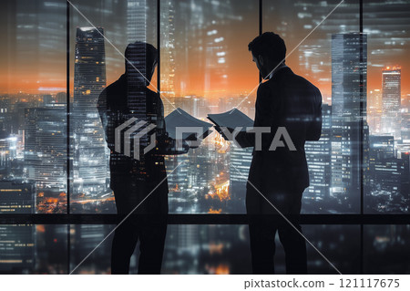 Silhouettes of business people working in an office building at sunset 121117675