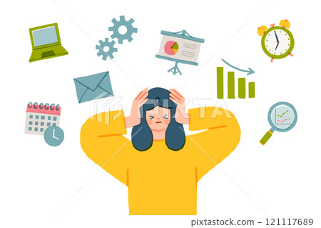 Illustration of a woman holding her head because of work Illustration of a woman holding her head because of work 121117689