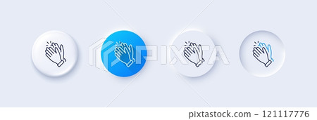 Clapping hands line icon. Neumorphic, Blue gradient, 3d pin buttons. Clap sign. Victory gesture symbol. Line icons. Neumorphic buttons with outline signs. Vector 121117776