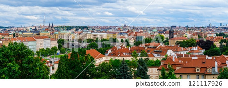 Stunning Panoramic View of the Beautiful Historic City of Prague, Czech Republic in Native Style 121117926
